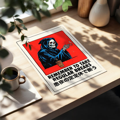 Death Takes a Coffee Break, red, black, beige minimalist wall art displayed in a styled interior, gallery view 5