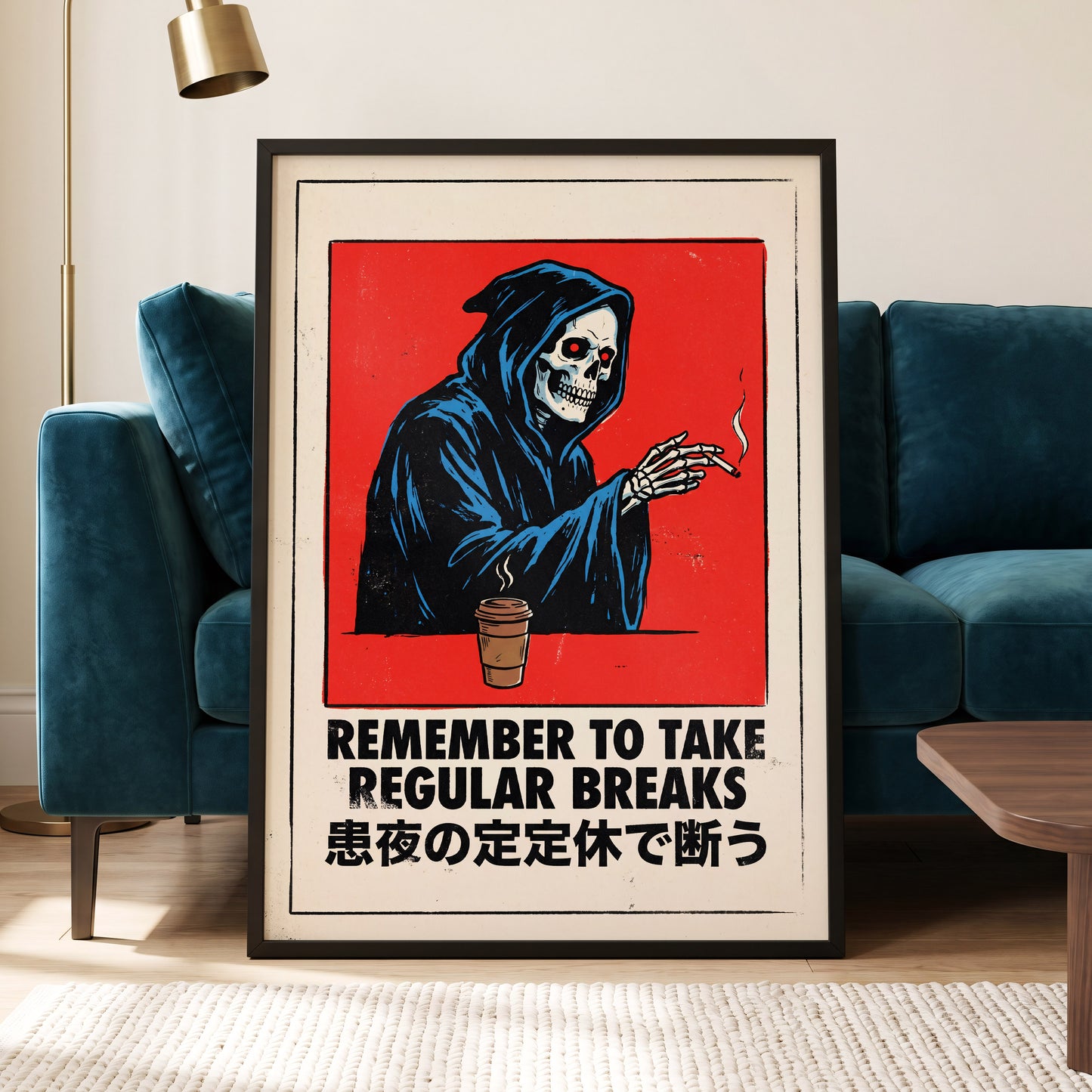 Death Takes a Coffee Break, red, black, beige minimalist wall art displayed in a styled interior, gallery view 6