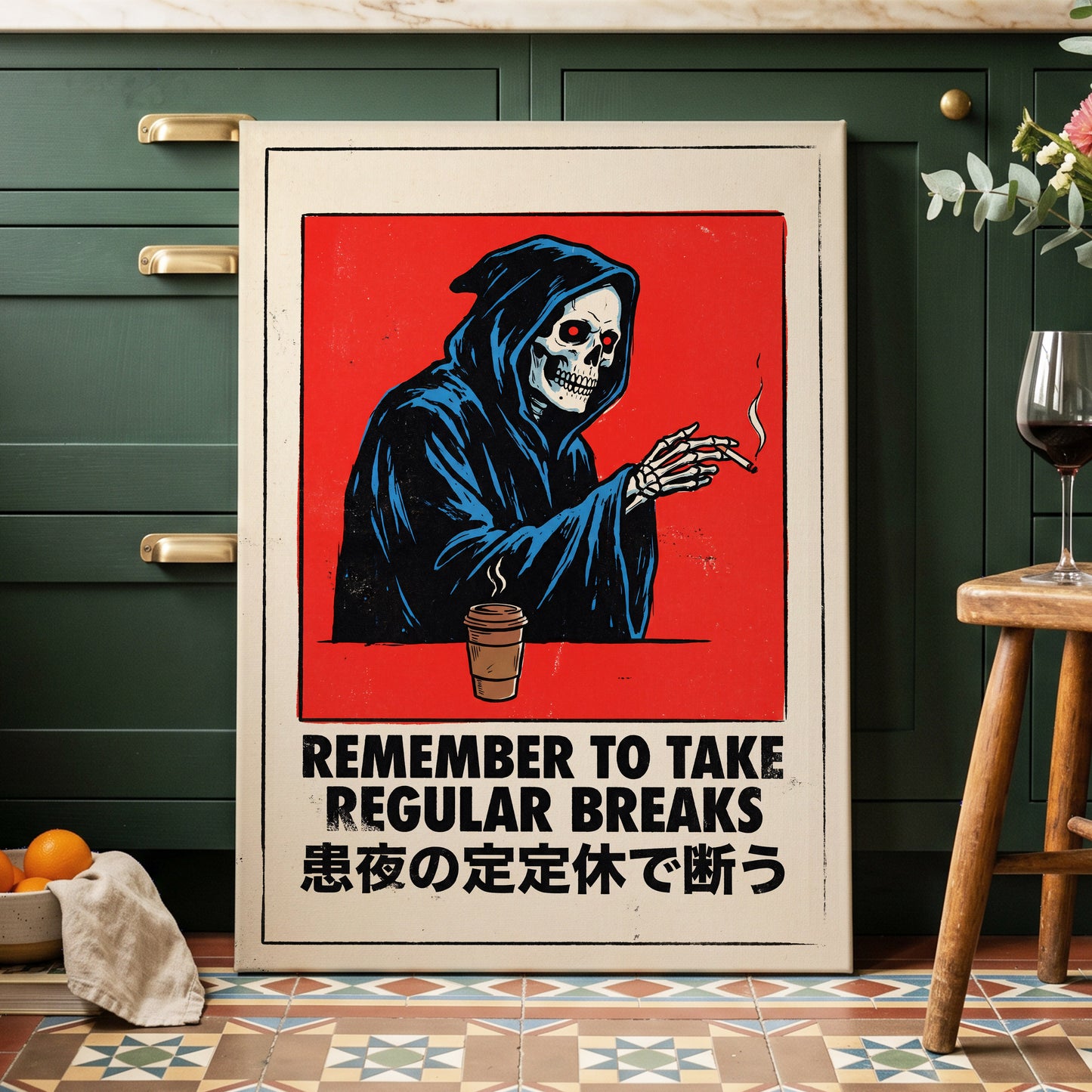 Death Takes a Coffee Break, red, black, beige minimalist wall art displayed in a styled interior, gallery view 7