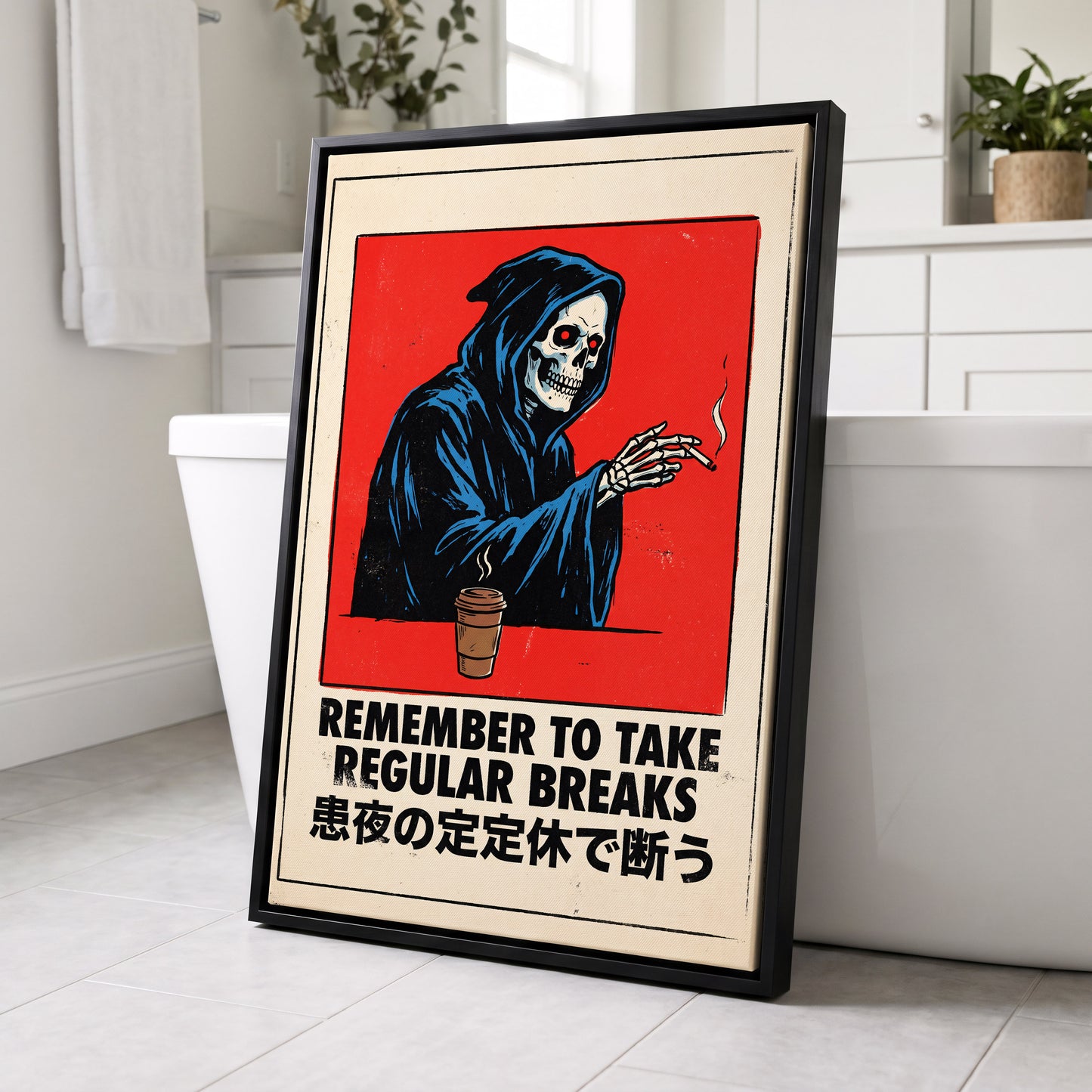 Death Takes a Coffee Break, red, black, beige minimalist wall art displayed in a styled interior, gallery view 8