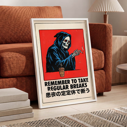 Death Takes a Coffee Break, red, black, beige minimalist wall art displayed in a styled interior, gallery view 9