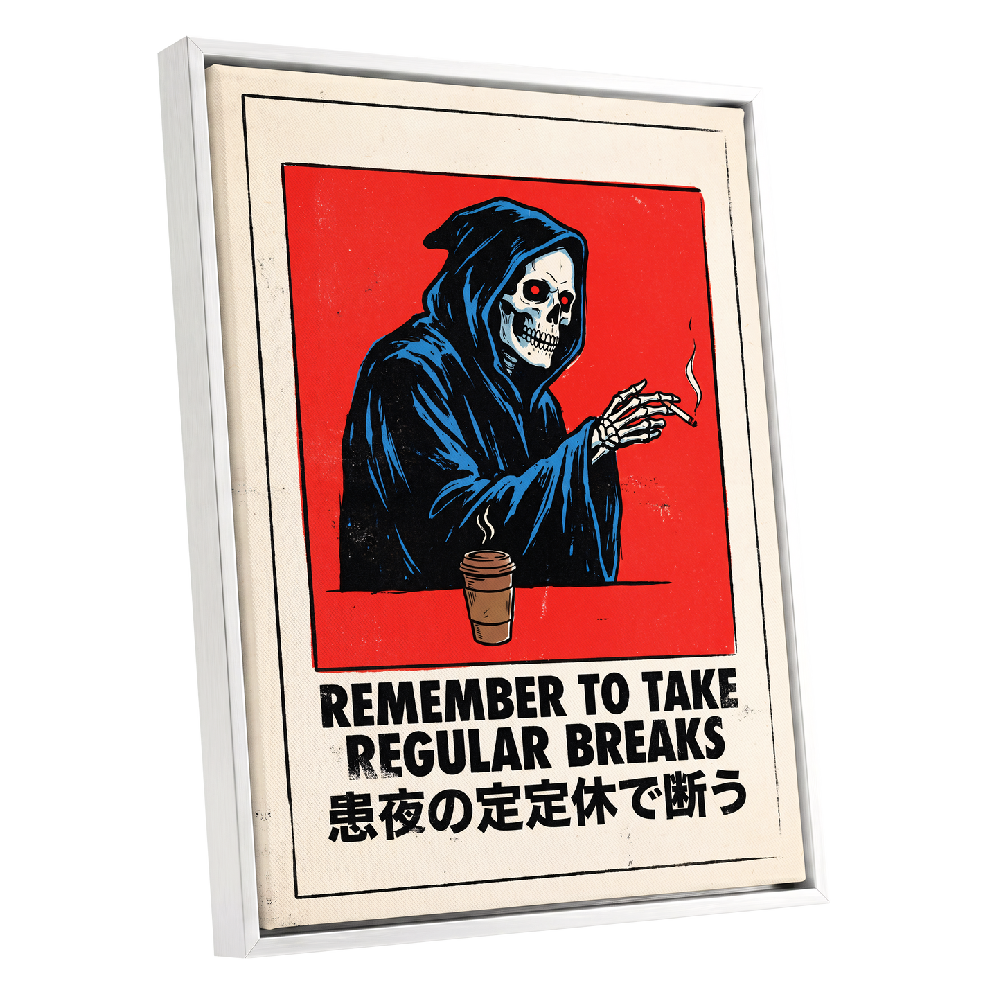 Death Takes a Coffee Break, red, black, beige minimalist wall art shown as a white framed canvas wall art