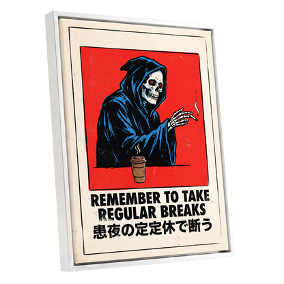 Death Takes a Coffee Break, red, black, beige minimalist wall art shown as a white framed canvas wall art
