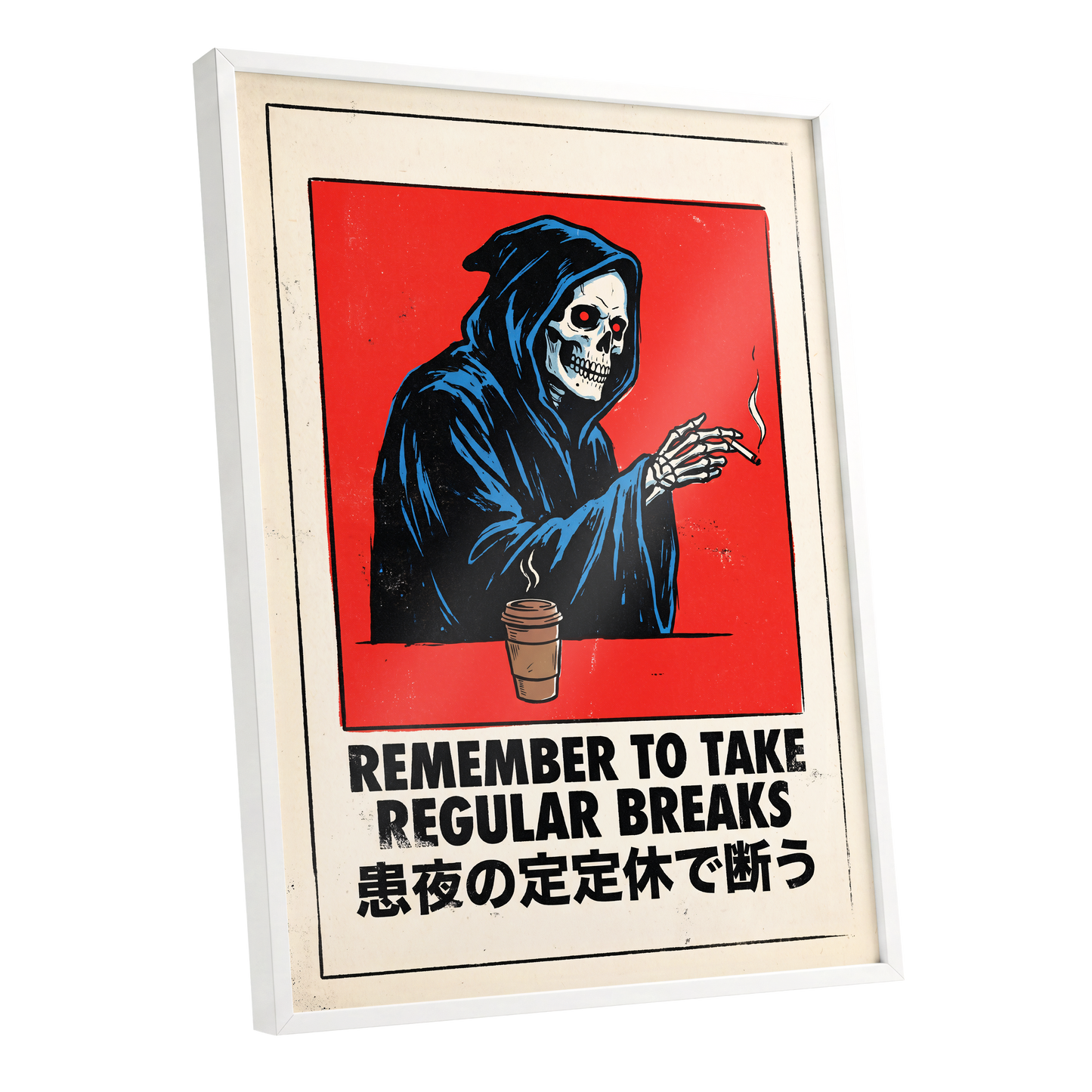 Death Takes a Coffee Break, red, black, beige minimalist wall art shown as a white framed poster wall art print