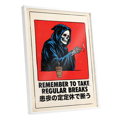 Death Takes a Coffee Break, red, black, beige minimalist wall art shown as a white framed poster wall art print