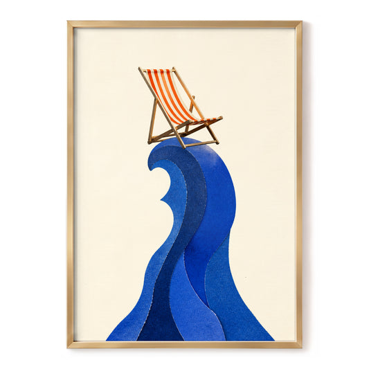Deckchair on the Crest, blue, beige, orange nature wall art, front artwork view