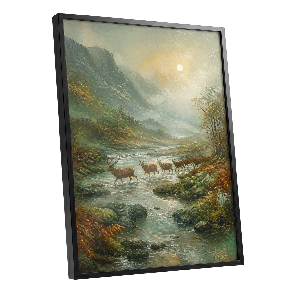 Deer Crossing at First Light, green, beige, brown nature wall art shown as a black framed poster wall art print
