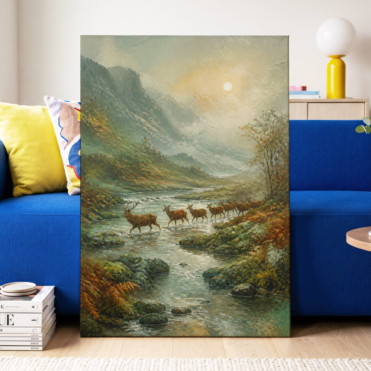 Deer Crossing at First Light, green, beige, brown nature wall art on canvas displayed in a styled interior, gallery view 2