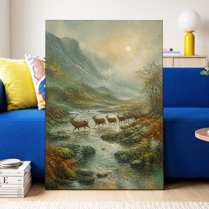Deer Crossing at First Light, green, beige, brown nature wall art on canvas displayed in a styled interior, gallery view 2