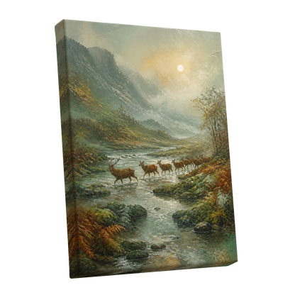 Deer Crossing at First Light, green, beige, brown nature wall art shown as a stretched canvas wall art