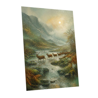 Deer Crossing at First Light, green, beige, brown nature wall art shown as a unframed poster wall art print