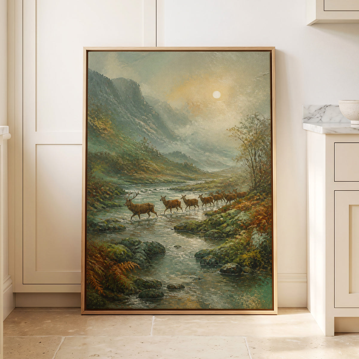 Deer Crossing at First Light, green, beige, brown nature wall art displayed in a styled interior, gallery view 1