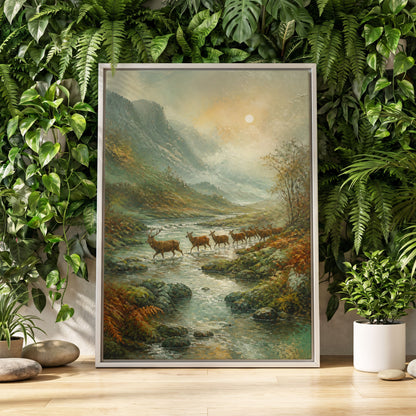 Deer Crossing at First Light, green, beige, brown nature wall art displayed in a styled interior, gallery view 2