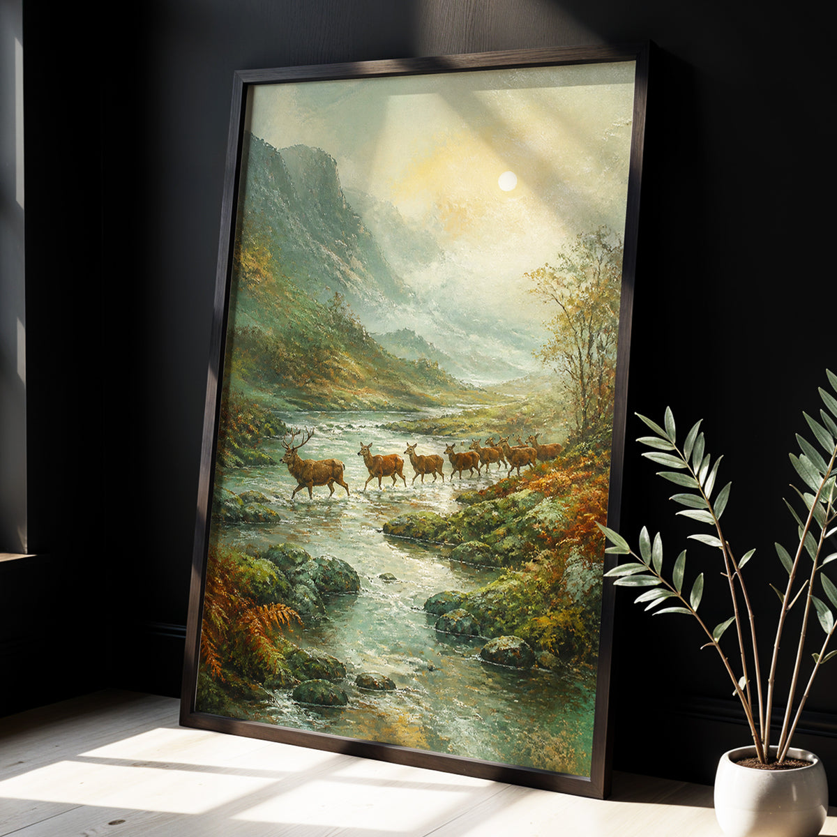 Deer Crossing at First Light, green, beige, brown nature wall art displayed in a styled interior, gallery view 3