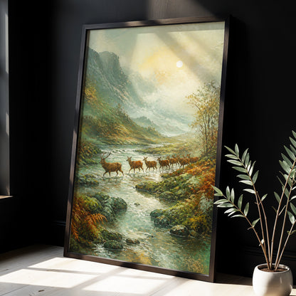 Deer Crossing at First Light, green, beige, brown nature wall art displayed in a styled interior, gallery view 3