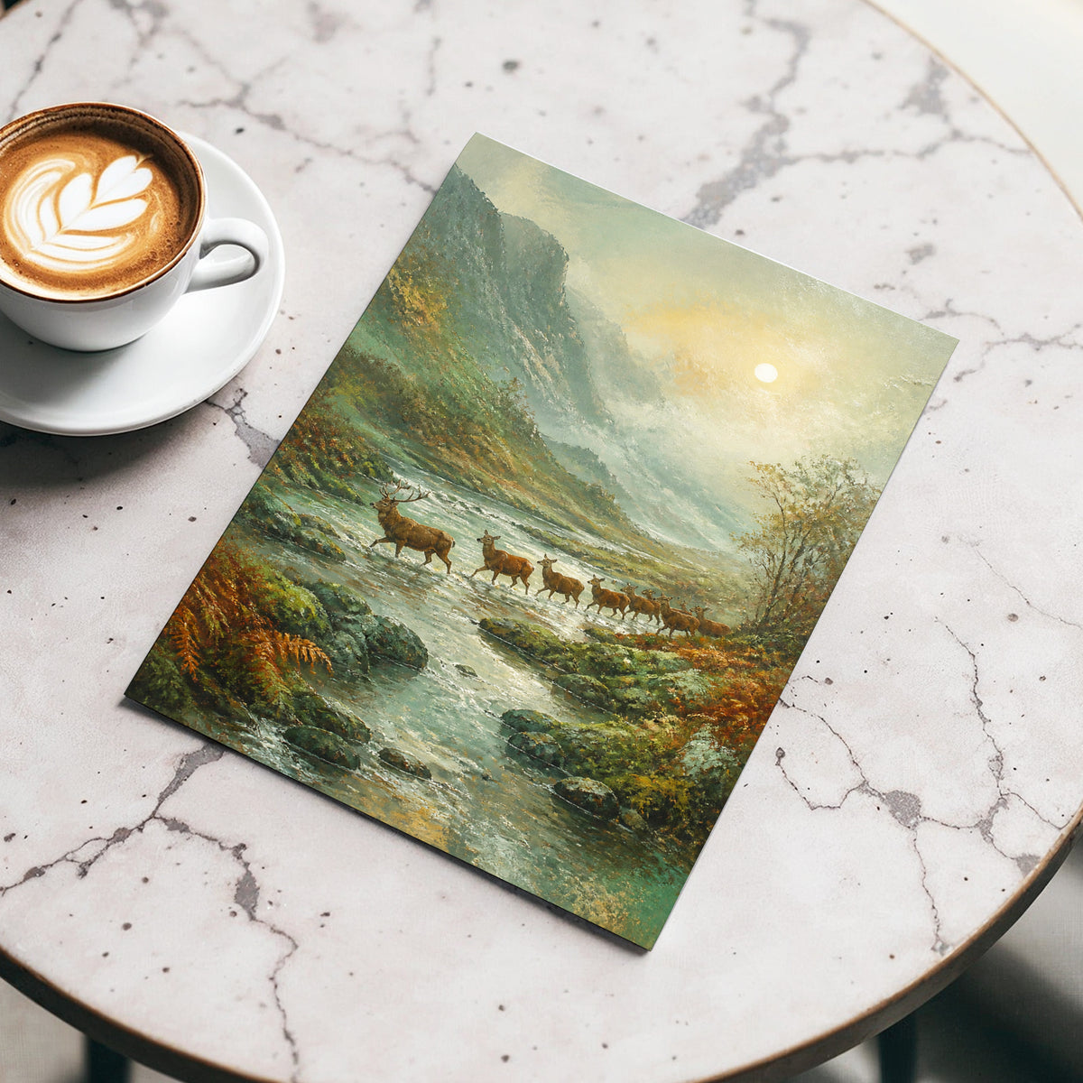 Deer Crossing at First Light, green, beige, brown nature wall art displayed in a styled interior, gallery view 4