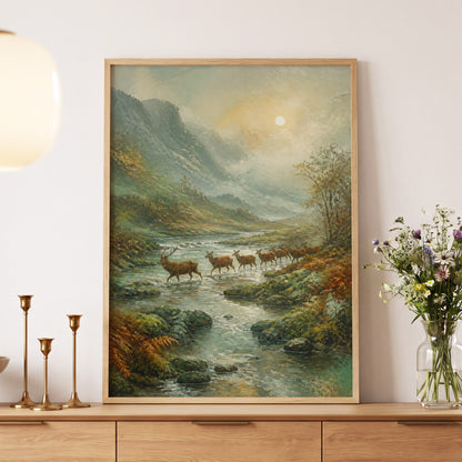 Deer Crossing at First Light, green, beige, brown nature wall art displayed in a styled interior, gallery view 5