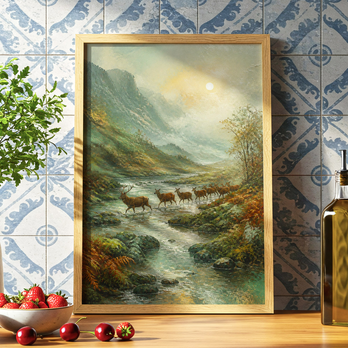 Deer Crossing at First Light, green, beige, brown nature wall art displayed in a styled interior, gallery view 6