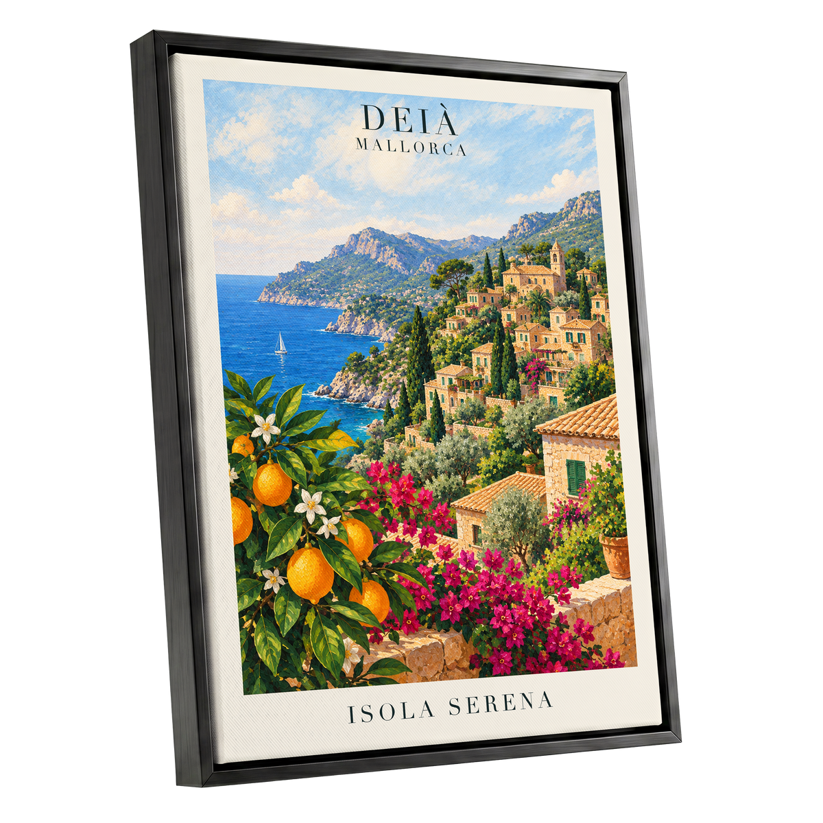 Deià Citrus Vista, blue, green, beige nature wall art shown as a black framed canvas wall art