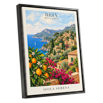 Deià Citrus Vista, blue, green, beige nature wall art shown as a black framed canvas wall art