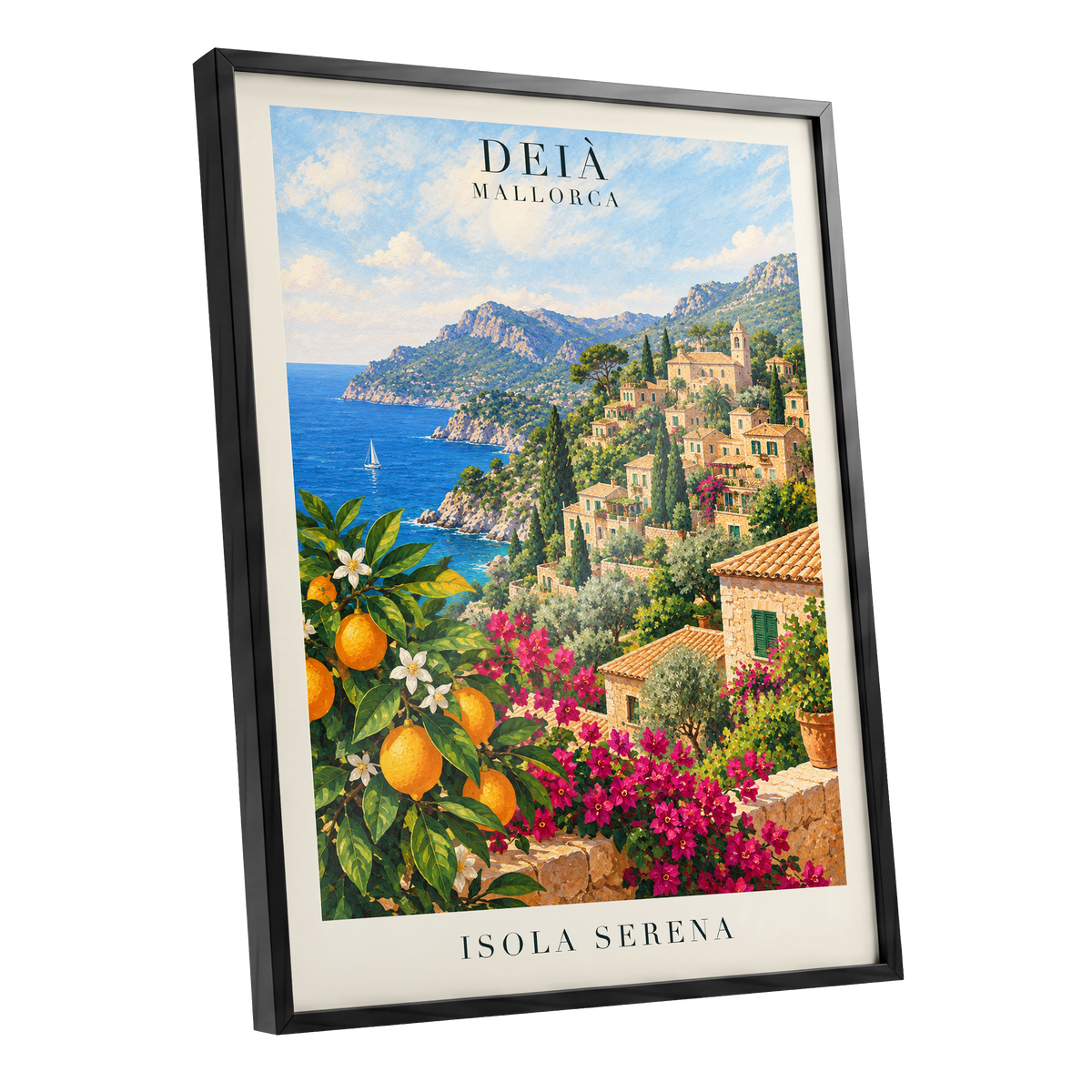 Deià Citrus Vista, blue, green, beige nature wall art shown as a black framed poster wall art print