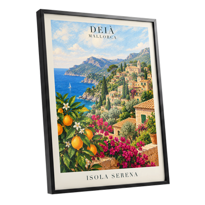 Deià Citrus Vista, blue, green, beige nature wall art shown as a black framed poster wall art print