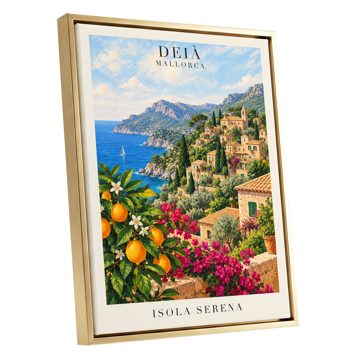 Deià Citrus Vista, blue, green, beige nature wall art shown as a gold framed canvas wall art