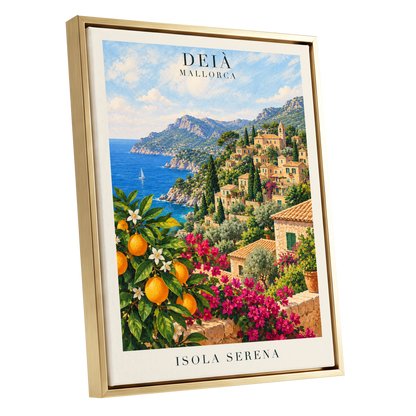 Deià Citrus Vista, blue, green, beige nature wall art shown as a gold framed canvas wall art