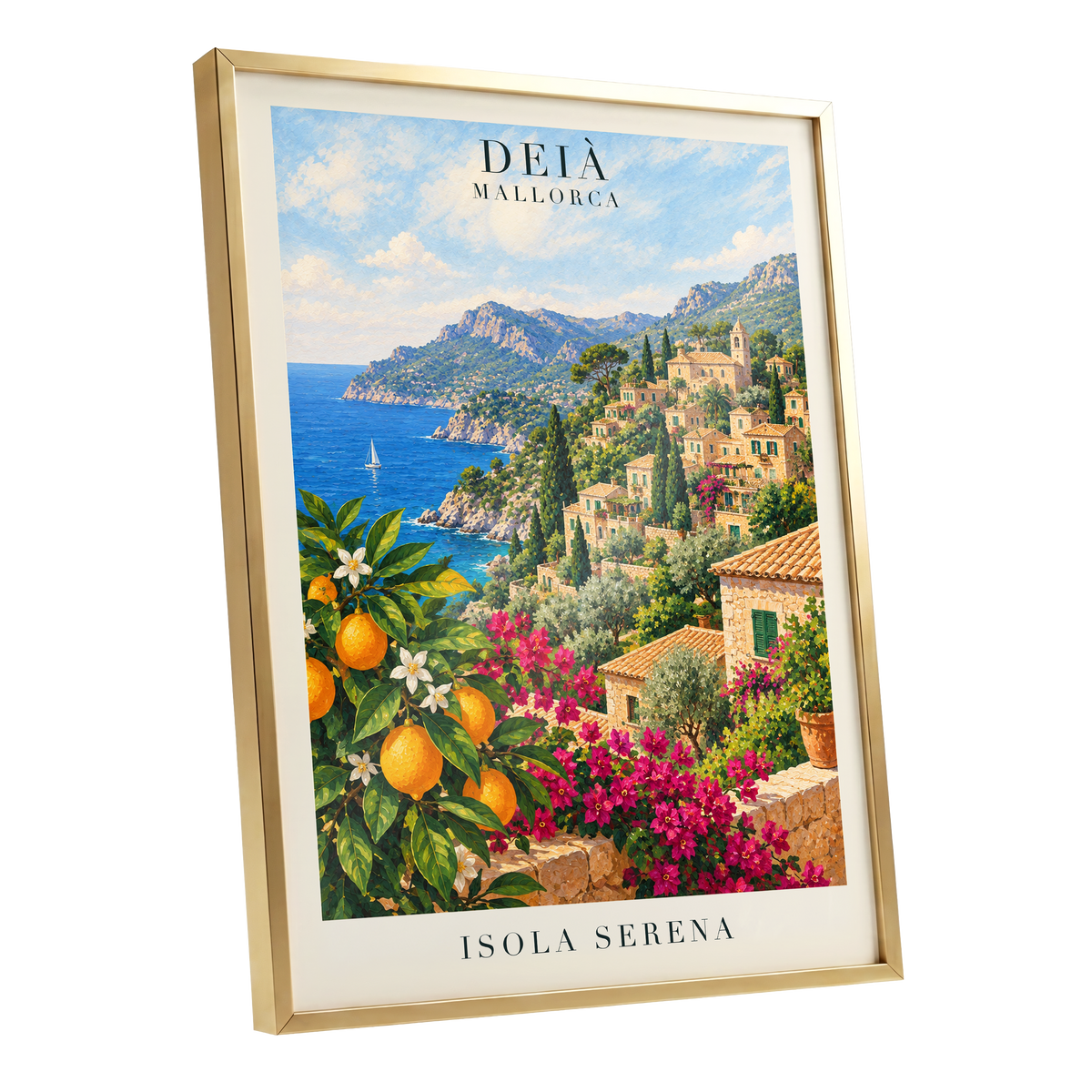 Deià Citrus Vista, blue, green, beige nature wall art shown as a gold framed poster wall art print