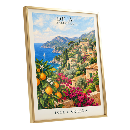 Deià Citrus Vista, blue, green, beige nature wall art shown as a gold framed poster wall art print