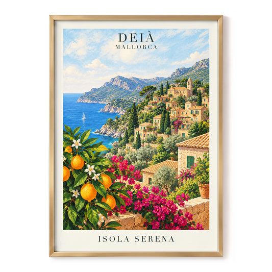 Deià Citrus Vista, blue, green, beige nature wall art, front artwork view