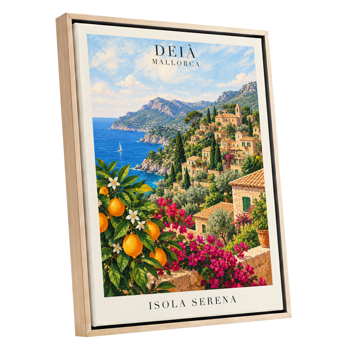 Deià Citrus Vista, blue, green, beige nature wall art shown as a oak framed canvas wall art