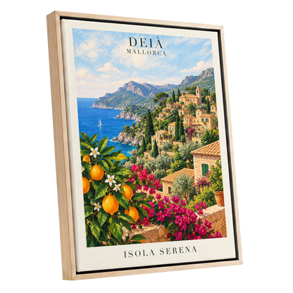 Deià Citrus Vista, blue, green, beige nature wall art shown as a oak framed canvas wall art
