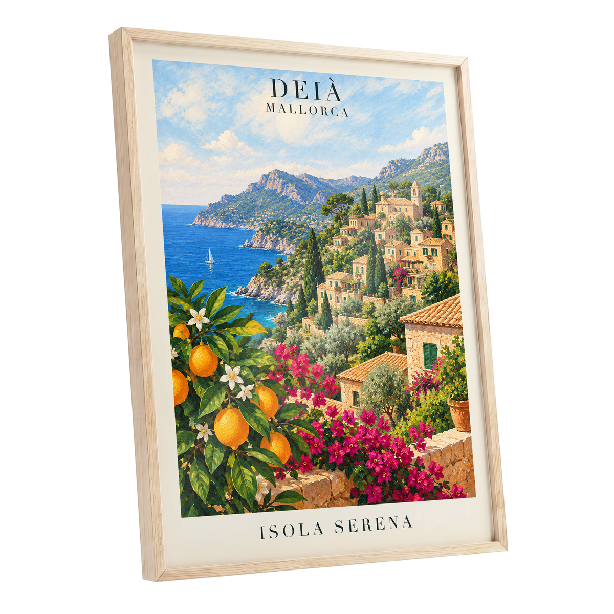 Deià Citrus Vista, blue, green, beige nature wall art shown as a oak framed poster wall art print