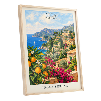 Deià Citrus Vista, blue, green, beige nature wall art shown as a oak framed poster wall art print