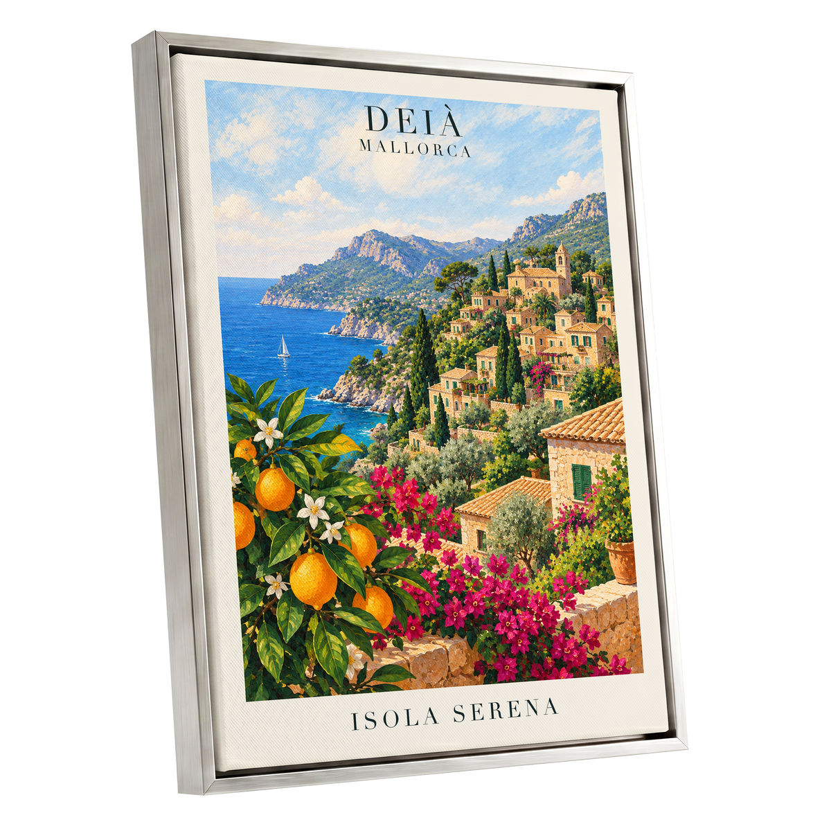 Deià Citrus Vista, blue, green, beige nature wall art shown as a silver framed canvas wall art