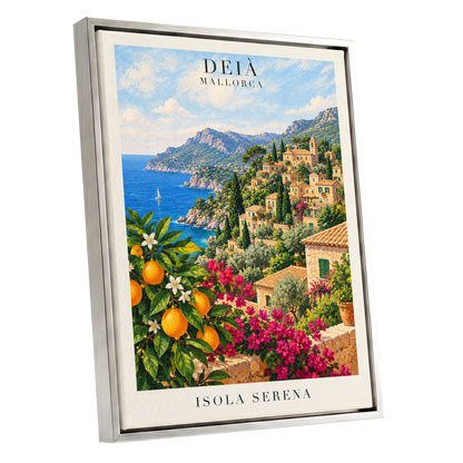 Deià Citrus Vista, blue, green, beige nature wall art shown as a silver framed canvas wall art