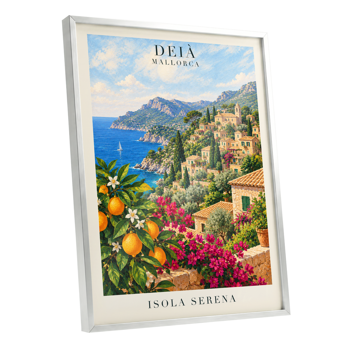 Deià Citrus Vista, blue, green, beige nature wall art shown as a silver framed poster wall art print