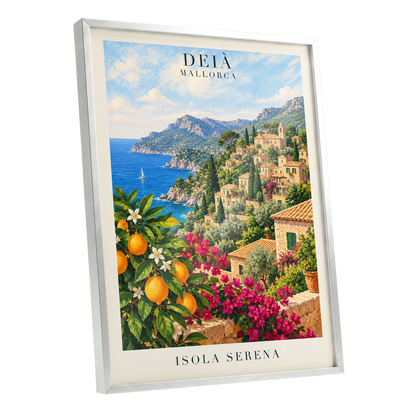 Deià Citrus Vista, blue, green, beige nature wall art shown as a silver framed poster wall art print