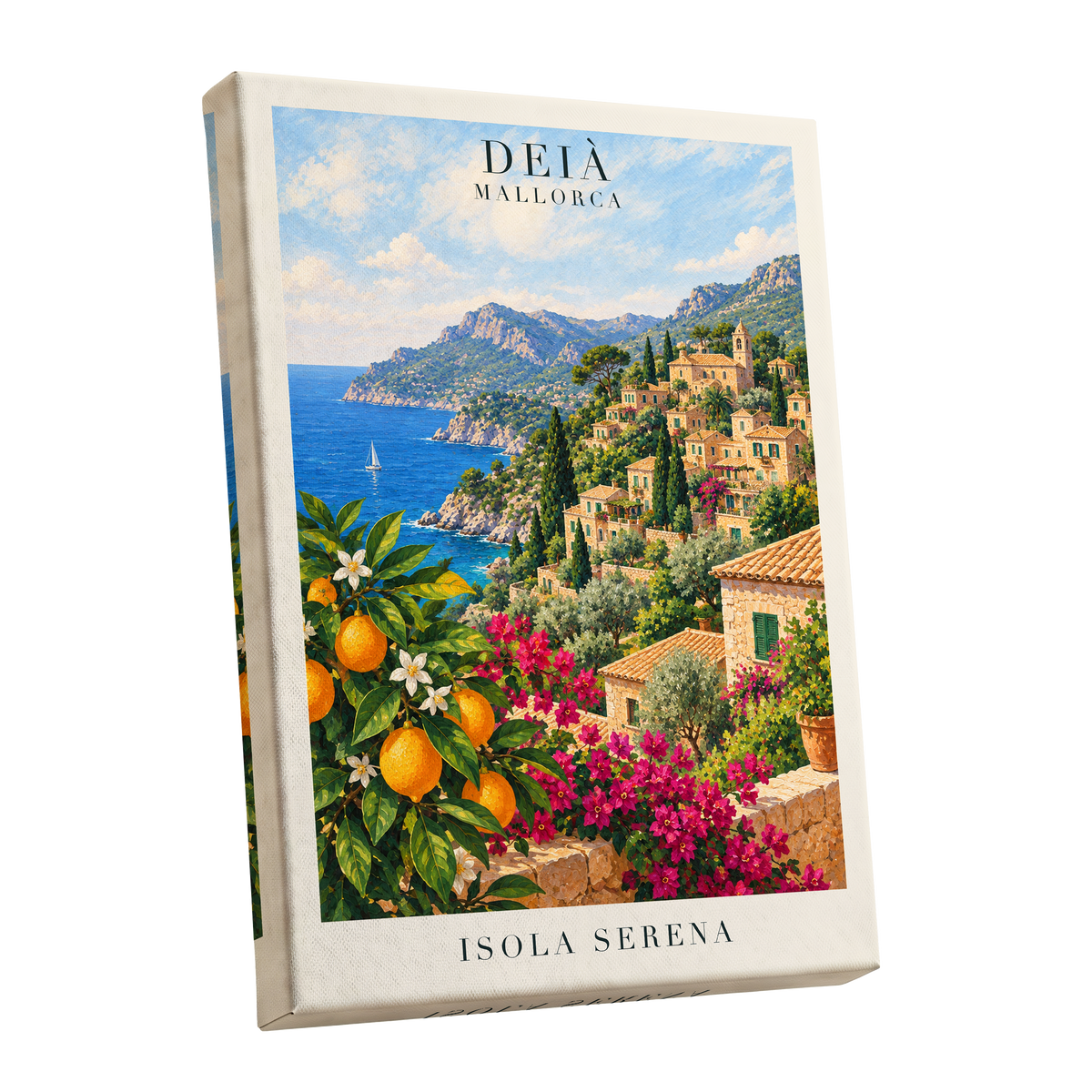Deià Citrus Vista, blue, green, beige nature wall art shown as a stretched canvas wall art