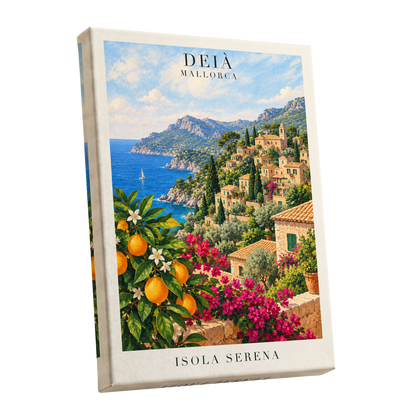 Deià Citrus Vista, blue, green, beige nature wall art shown as a stretched canvas wall art