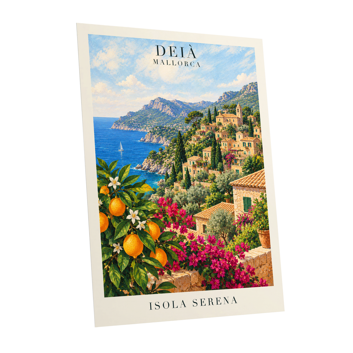Deià Citrus Vista, blue, green, beige nature wall art shown as a unframed poster wall art print