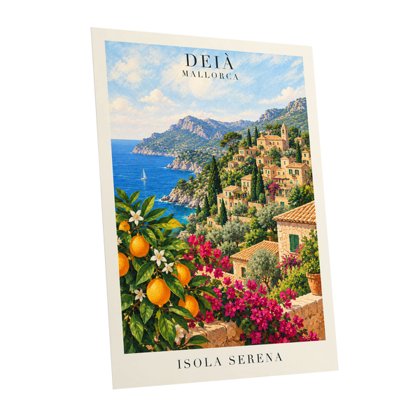 Deià Citrus Vista, blue, green, beige nature wall art shown as a unframed poster wall art print