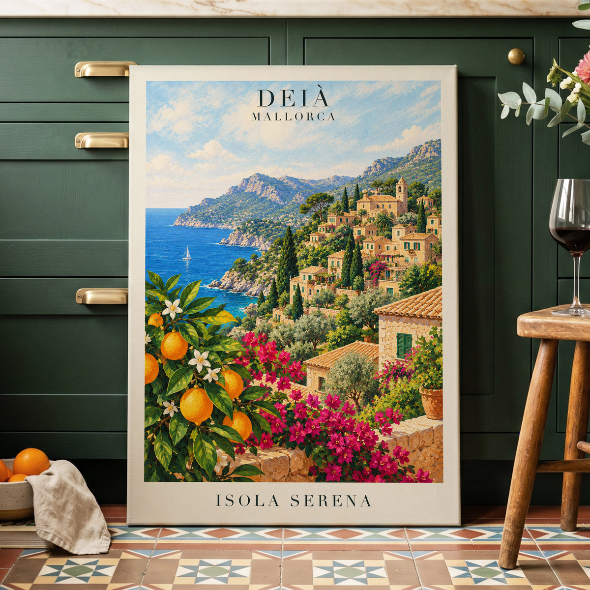 Deià Citrus Vista, blue, green, beige nature wall art displayed in a styled interior, gallery view 3