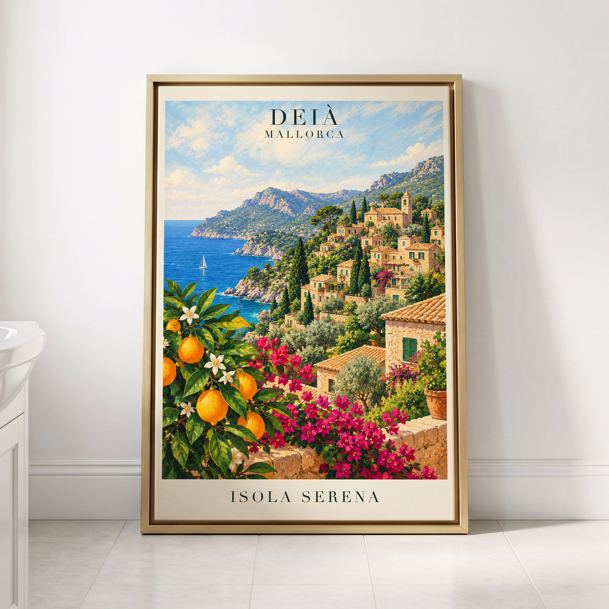 Deià Citrus Vista, blue, green, beige nature wall art displayed in a styled interior, gallery view 4