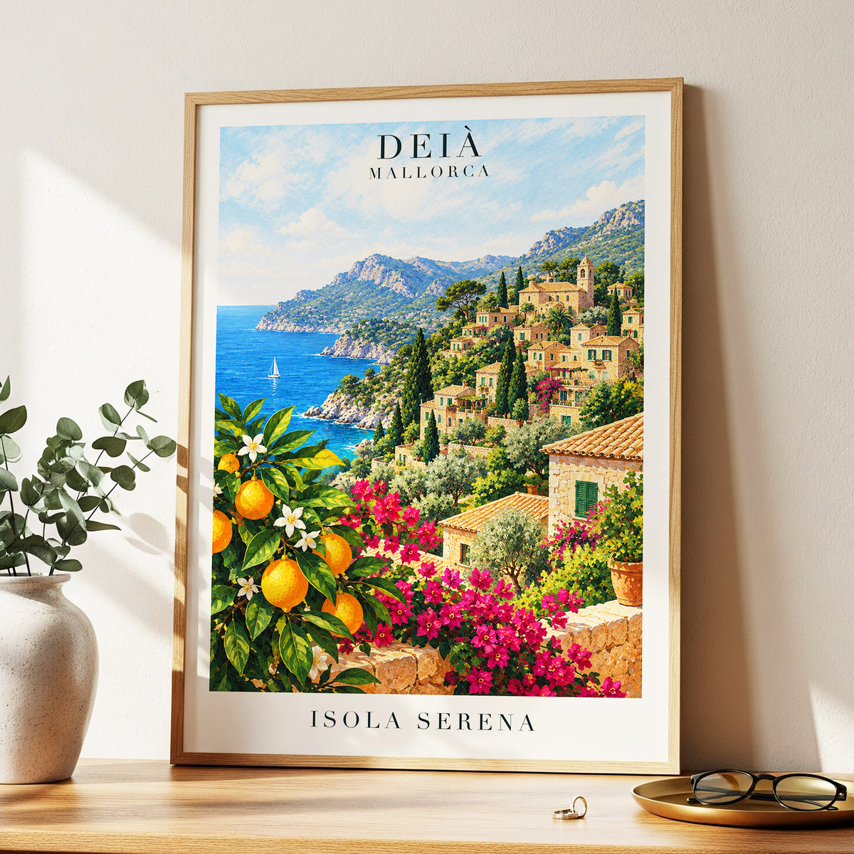 Deià Citrus Vista, blue, green, beige nature wall art displayed in a styled interior, gallery view 6