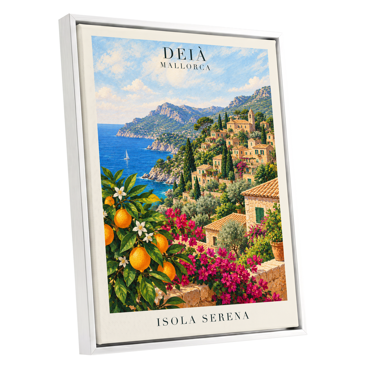 Deià Citrus Vista, blue, green, beige nature wall art shown as a white framed canvas wall art