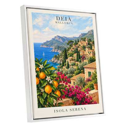Deià Citrus Vista, blue, green, beige nature wall art shown as a white framed canvas wall art