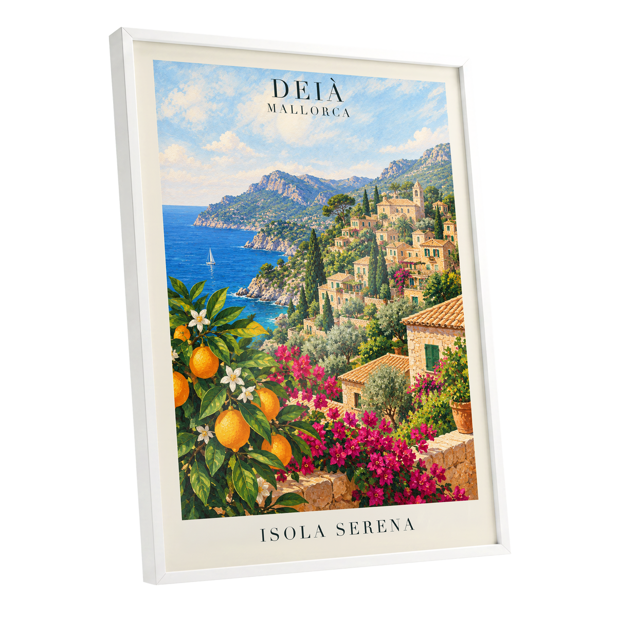 Deià Citrus Vista, blue, green, beige nature wall art shown as a white framed poster wall art print