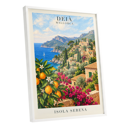 Deià Citrus Vista, blue, green, beige nature wall art shown as a white framed poster wall art print